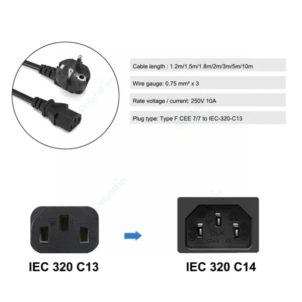 EU Plug AC Power Supply Cable IEC 320 C13 C5 Type E AC Power Cord For PC Computer Monitor HDTV Printer Samsung TV Projector - Image 2